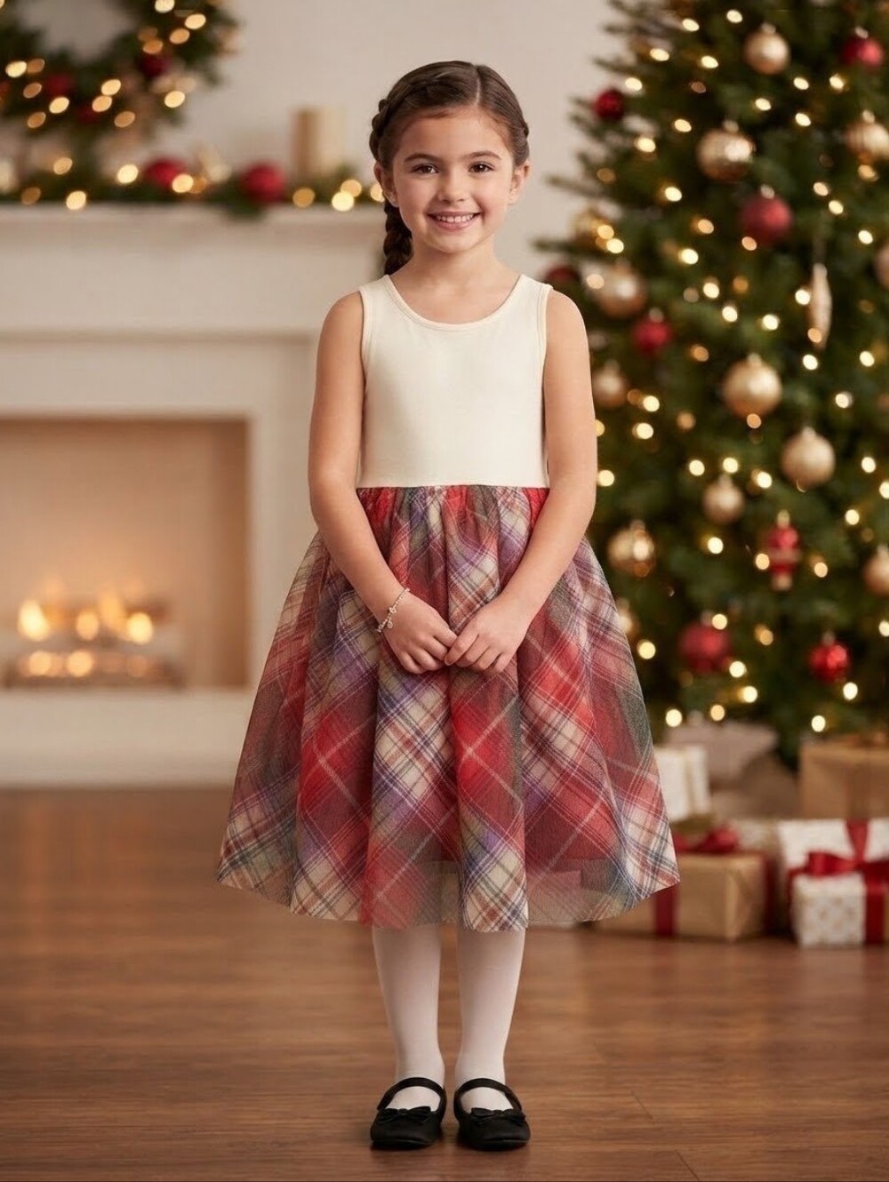 Knitworks Classic Girls Holiday Plaid Dress & Detachable Fuzzy Crop Sweater Sz 8